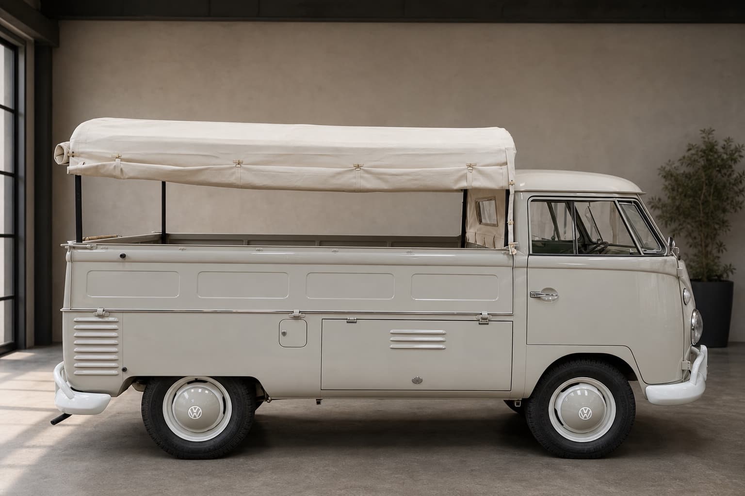 1959 VW Type 2 Single Cab pickup in Dove Grey with canvas tilt, side profile